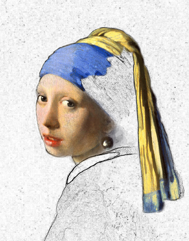 Digital painting borrowing from Rembrandt's Girl with a Pearl Earring.